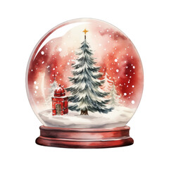 Christmas tree snowglobe, red color tones, isolated on white transparent background