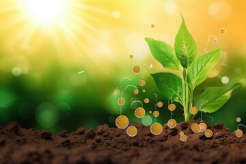 Fertilization and the role of nutrients in plant life..Plants on sunny background with digital mineral nutrients icon, Generative AI - obrazy, fototapety, plakaty