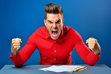 An irate office worker in a red shirt so furious on blue background - obrazy, fototapety, plakaty