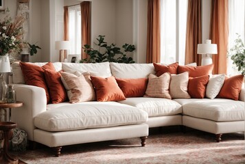 Interior design of a modern living room featuring a fabric sofa with white and terracotta pillows