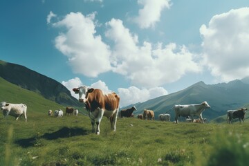 Fototapeta na wymiar Herds of cattle raised in high mountain areas, highland livestock