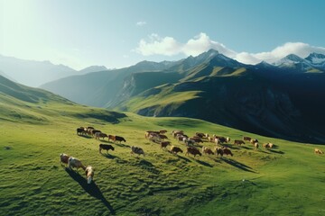 Aerial view of a herd of cattle raised in a high mountain area, livestock 