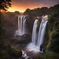 Fototapeta premium Sunrise Elegance Capture a waterfall bathed in the soft light of sunrise