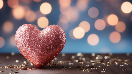 Valentine's Day Card. Glitter heart on a pink background with bokeh - obrazy, fototapety, plakaty