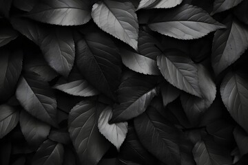 Black background. Background from autumn fallen leaves closeup. Black and white photo..