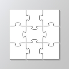 Jigsaw outline grid with 9 details. Scheme of thinking game. Square puzzle pieces grid. Modern background with separate shapes. Mosaic silhouette. Cutting template. Simple frame tiles. Vector
