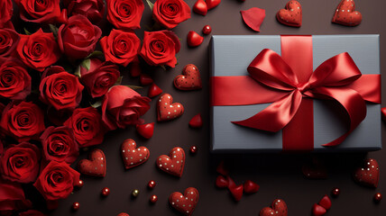 Valentine's Day holiday concept. Fresh red roses and a gift box on a wooden table