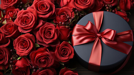 Valentine's Day holiday concept. Fresh red roses and a gift box on a wooden table