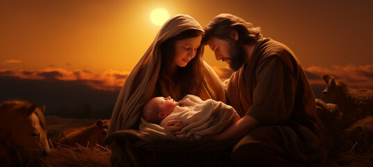 Holy family nativity Scene. Birth of Jesus Christ. Merry Christmas. Natal. Faith Growth  - obrazy, fototapety, plakaty