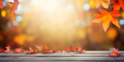 Naklejka na ściany i meble Wooden Table With Orange Leaves And Blurred Autumn Background.