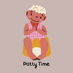 Cute boy sits on the pot. The child is accustomed to the potty. Toilet time, potty time. Lavatory room for girls and boys. Vector illustration.