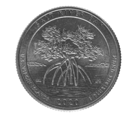 Quarter of dollar, coin isolated on white, clipping path, Salt river bay Virgin islands national park America