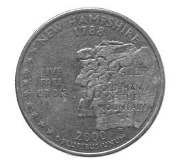 Quarter of dollar, coin isolated on white, clipping path, Old man of the mountain, New Hampshire 