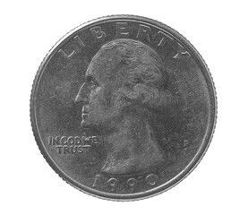Quarter of dollar, coin isolated on white, clipping path, Washington 1991. In god we trust liberty