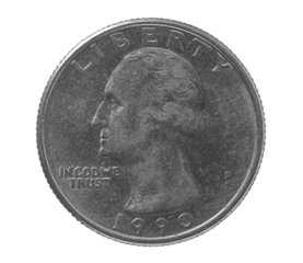 Quarter of dollar, coin isolated on white, clipping path, Washington 1991. In god we trust liberty