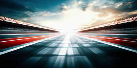 F1 race track circuit road with motion blur and grandstand stadium for Formula One racing