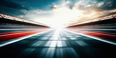 Foto op Plexiglas F1 race track circuit road with motion blur and grandstand stadium for Formula One racing © Summit Art Creations