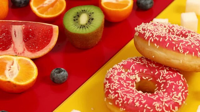 lots of healthy delicious fruits on red background vs sweet donuts and sugar cubes on yellow, Spinning in circle, concept of healthy eating and healthy sugar in diet, choice healthy and unhealthy