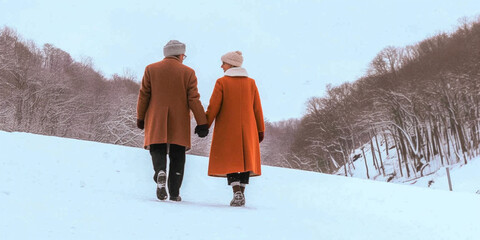 Snowy Stroll: Elderly Couple Embraces Winter's Beauty on a Frosty Walk, AI generated