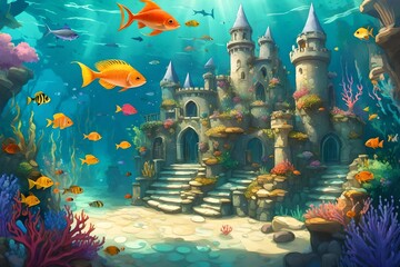 An underwater castle with  colorful coral reefs, and schools of tropical fish in a whimsical aquatic world
