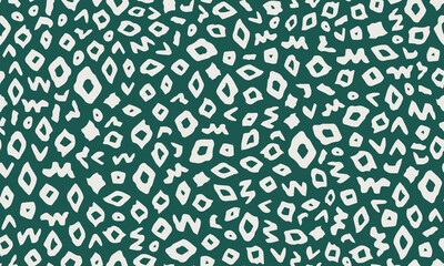 Ikat, ethno minimal all over surface print on green background. Random placed, vector heritage geometric shapes seamless repeat pattern.
