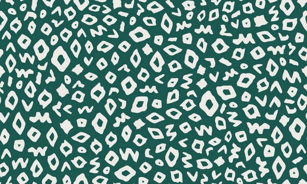 Ikat, ethno minimal all over surface print on green background. Random placed, vector heritage geometric shapes seamless repeat pattern.