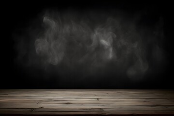  Old wood table top with smoke in the dark background.