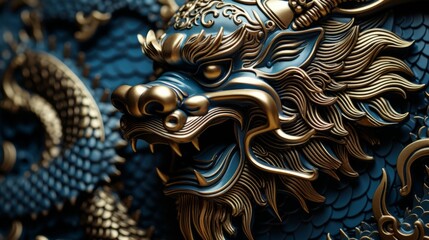 Close up of vibrant dragon scales and intricate details in chinese new year celebration