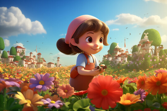 cute girl Take a walk in the flower garden, 3D, wonderful of garden in the morning, happy, smiling, bright