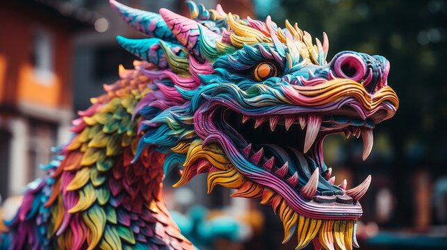 Close up of vibrant dragon scales and intricate details for chinese new year celebration