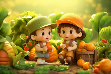 Fototapeta premium Child farmer is having fun in the garden, 3D, happy, smiling, bright