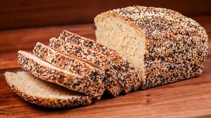 Closeup shot of a Multigrain bread sliced on a wooden board on an isolated background