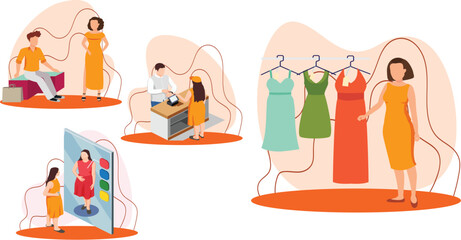 Shopping people illustration set. Characters of commercial young woman customer with shopping bags buying from multi store.