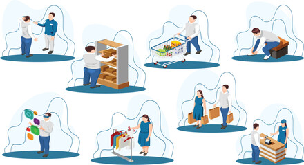 Fototapeta na wymiar Shopping people illustration set. Characters of commercial young woman customer with shopping bags buying from multi store.