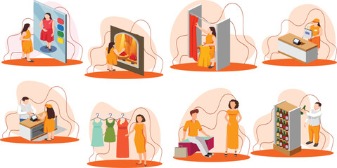 Shopping people illustration set. Characters of commercial young woman customer with shopping bags buying from multi store.