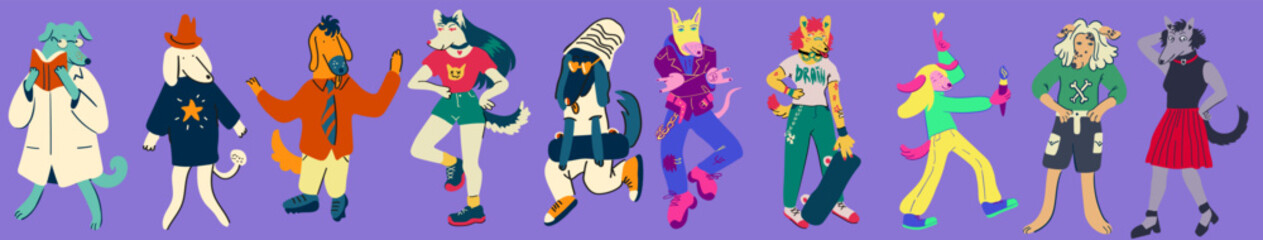 Obraz premium set of humans as dogs in vector.Template for postcard sticker logo poster for app website. A series of furry dogs in flat style