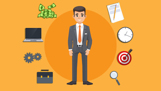 Businessman with Business icons. Vector illustration in flat style.