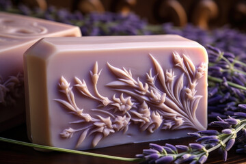 Fototapeta na wymiar Beautiful natural lavender soap bar on dark background. Handmade organic soap