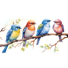 Obraz premium vibrant colorful birds lined up on a tree branch with budding leaves