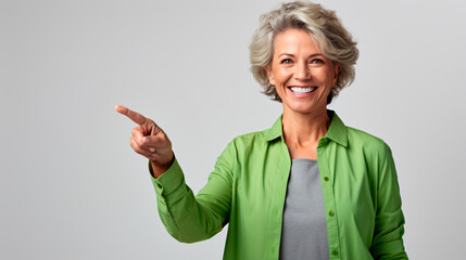 mujer anciana feliz apuntando con su dedo, cabello corto y blanco, vestida de verde, aislada en un fondo blanco 