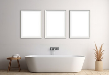 Fototapeta na wymiar three square picture frame, white frame, above bathroom shelf. blank picture in the frame. mockup.