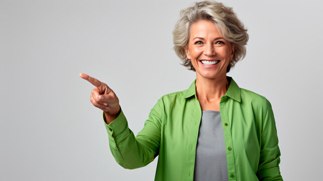 mujer anciana feliz apuntando con su dedo, cabello corto y blanco, vestida de verde, aislada en un fondo blanco 