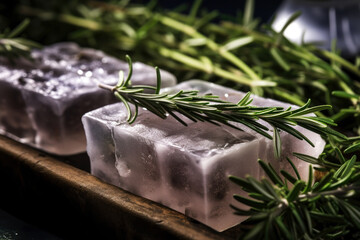 Beautiful natural rosemary soap bar on dark background. Handmade organic soap