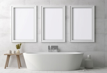 Fototapeta na wymiar three square picture frame, white frame, above bathroom shelf. blank picture in the frame. mockup.