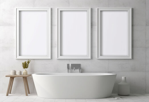 three square picture frame, white frame, above bathroom shelf. blank picture in the frame. mockup.