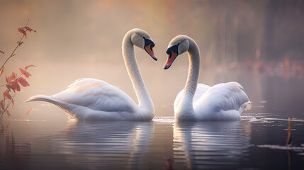 Swans and their reflection forming intricate patterns on the water's canvas Ai Generative