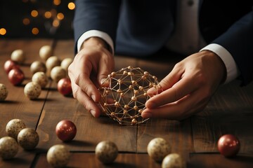 Decision making concept. Hands of a businessman building a puzzle of wires and balls on a wooden surface with scattered spotted balls - obrazy, fototapety, plakaty