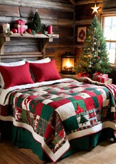 Christmas-Themed Patchwork Quilts In A Rustic Cabin Setting.