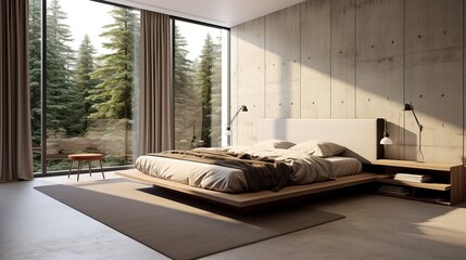 Modern minimalist bedroom with double bed