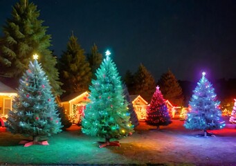 A Christmas Tree Lot Scene At Night, With Colorful Lighting.